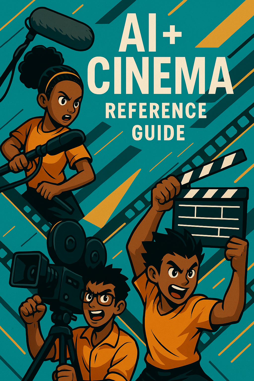 AI + CINEMA Reference Guide cover featuring African American anime characters with professional filmmaking equipment including cameras and film clappers on bright turquoise blue background with gold accents and white typography.