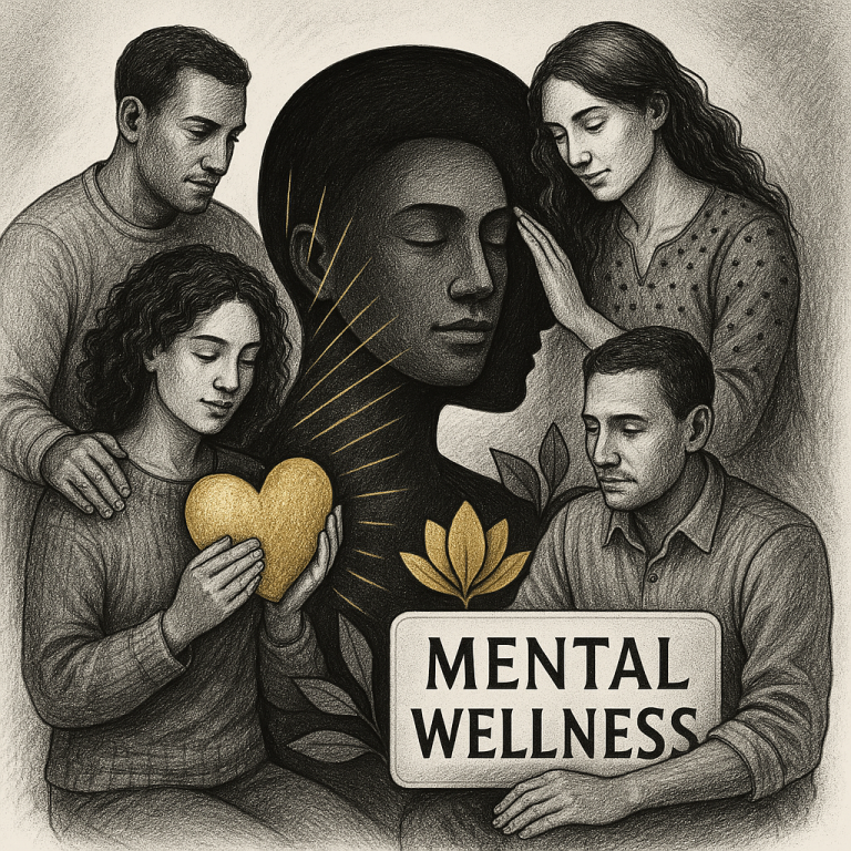 Black-and-white illustration with gold accents showing diverse people supporting mental health, wellness, healing, and compassion.